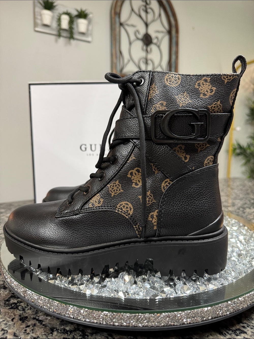 Guess Black and Brown Logo Combat Boot with Buckle Strap NEW 8